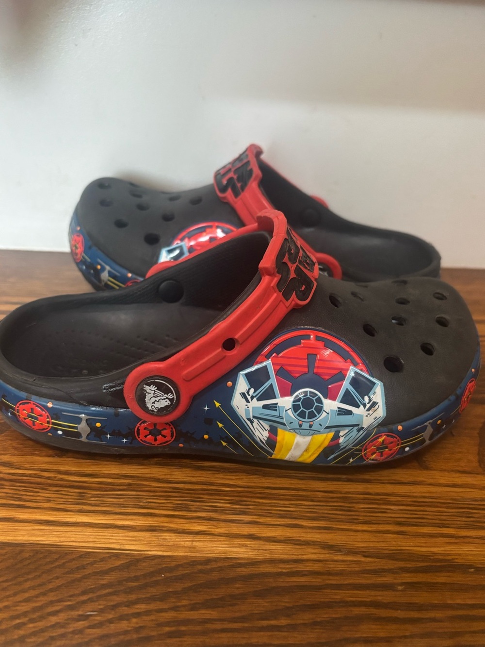 CROCS Kids Black Clog Sandals with Red Straps and Space Graphics